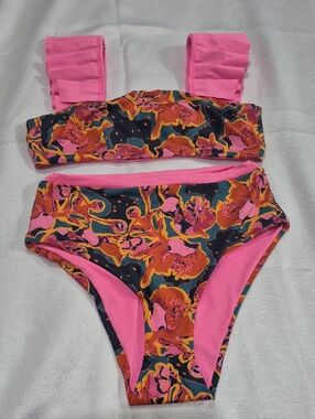 ANCORA Floral High-Waist Two-Piece Swim Set in Pink Womens Size LARGE.